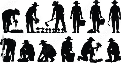 Farming, activity, silhouette, posture, gesture, carrot, hoe, basket, vegetable, harvest, hat, boots, field, rural, manual, crop, setup, pose, black, flavector