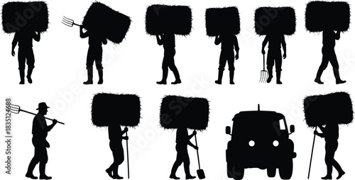 Farmer, hay, bale, silhouette, posture, pitchfork, shovel, vehicle, agriculture, rural, labor, vector, black, pose, setup, tool, field, harvest, equipment, flavector
