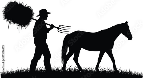 Farmer, horse, silhouette, posture, gesture, pitchfork, hay, boots, hat, grass, rural, animal, field, livestock, vector, black, pose, setup, manual, flavector