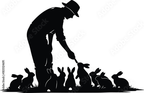 Farmer, rabbit, feeding, silhouette, posture, gesture, hat, overalls, rural, animal, group, vector, black, pose, setup, agriculture, interaction, field, manual, flavector