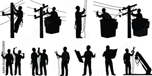 Electrical, line, worker, silhouette, posture, gesture, bucket, pole, cable, tool, blueprint, safety, vector, black, pose, setup, infrastructure, manual, teamwork, flavector