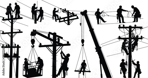 Electrical, line, worker, silhouette, posture, gesture, pole, wire, harness, crane, platform, teamwork, vector, black, pose, setup, infrastructure, repair, manual, flavector