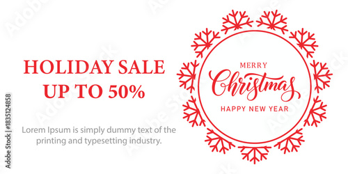 Festive Christmas holiday sale banner with red snowflake frame, elegant Merry Christmas and Happy New Year typography, and bold text promoting up to 50 percent discount on white background.