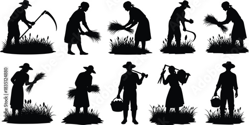 Crop, harvesting, silhouette, posture, gesture, scythe, sickle, basket, grain, produce, field, grass, rural, traditional, attire, vector, black, pose, setup, flavector