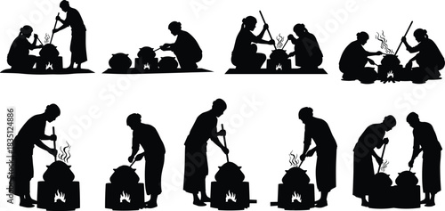 Cooking, fire, pot, silhouette, posture, steam, utensil, teamwork, tradition, rural, food, vector, black, pose, setup, outdoor, boiling, manual, preparation, flavector