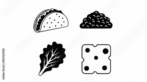 Four Simple Icons Representing Food and a Game Piece.