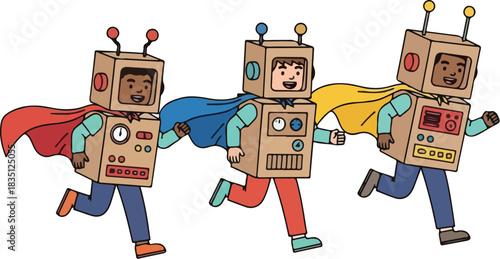 Three children dressed as robots with cardboard box costumes and colorful capes run forward in a playful, imaginative scene.