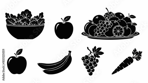 Silhouette of Fresh Fruits and Vegetables for Healthy Eating.