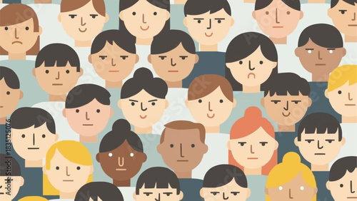 Diverse faces representing various emotions and expressions in a crowd.
