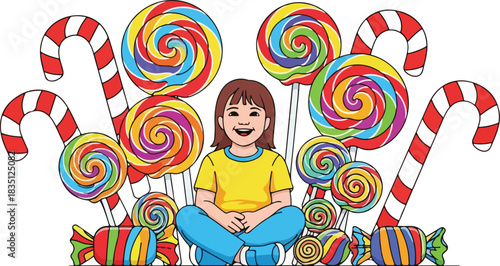 A smiling girl sits surrounded by colorful lollipops, hard candies, and candy canes in a sweet, whimsical illustration.