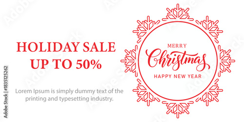 Festive Christmas holiday sale banner with red snowflake frame, elegant Merry Christmas and Happy New Year typography, and bold text promoting up to 50 percent discount on white background.