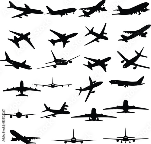 Airplane silhouette vector set, aircraft views, commercial and private planes, black icons, flavector, aviation design, flight shapes, top side front angles, white background