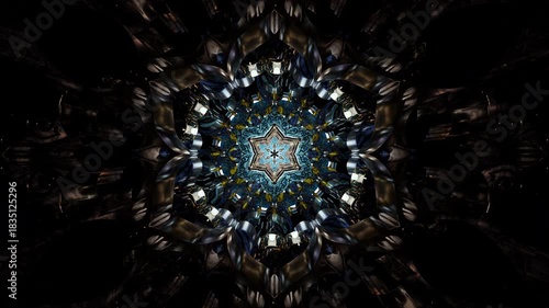 Spiritual journey ornamental mandala with intricate symmetrical star geometry, glowing kaleidoscope depth & sacred geometry, abstract cosmic digital artwork featuring rich texture, harmonious patterns