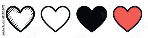 Set of four heart icons in different styles including hand-drawn sketch, simple outline, solid black silhouette, and red filled shape for love and romance concepts