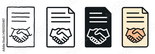 Set of four contract agreement icons showing a handshake on a document, presented in various styles including doodle, line art, glyph, and color fill for business concepts