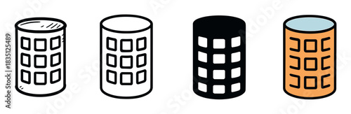 Collection of building vector icons featuring a round high-rise structure, presented as a hand-drawn sketch, a clean outline, a black glyph, and a colorful cartoon illustration