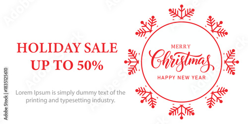 Festive Christmas holiday sale banner with red snowflake frame, elegant Merry Christmas and Happy New Year typography, and bold text promoting up to 50 percent discount on white background.