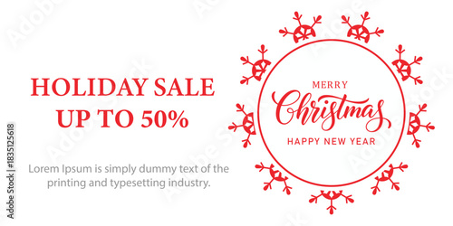 Festive Christmas holiday sale banner with red snowflake frame, elegant Merry Christmas and Happy New Year typography, and bold text promoting up to 50 percent discount on white background.