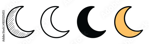 Set of four crescent moon icons in different artistic styles including hand-drawn sketch, simple outline, solid black silhouette, and a flat color cartoon design