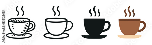 Set of four coffee cup icons in various graphic styles including hand-drawn sketch, simple line art, solid silhouette, and a flat color design, all with rising steam