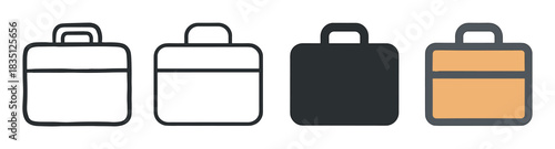 Set of four briefcase icons showing different design styles including a hand-drawn outline, simple line art, a solid black silhouette, and a flat color vector illustration