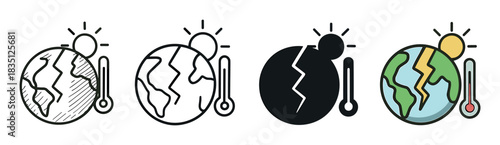 Set of global warming icons showing a cracked planet Earth with a sun and thermometer, presented in four different graphic styles including sketch, line art, silhouette, and color