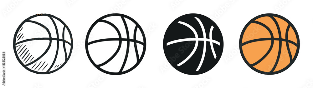 Obraz premium Set of four basketball icons presented in a row, showcasing various graphic design styles including hand-drawn sketch, line art, black silhouette, and classic orange color