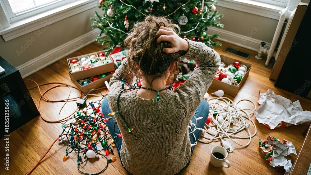 Fototapeta premium Overwhelmed woman sits on the floor amidst Christmas decorations, feeling stressed and frustrated.