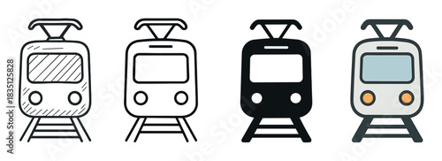 Set of four train vector icons showing different design styles including doodle, outline, silhouette, and flat color for public transportation concepts