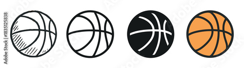 Set of four basketball icons presented in a row, showcasing various graphic design styles including hand-drawn sketch, line art, black silhouette, and classic orange color