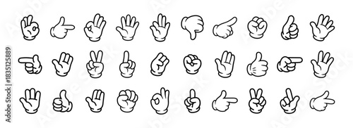 Mega set of cartoon comic hands gestures with different signs and symbols. Gesturing human arms in doodle style. Hands poses. Vector illustration eps file