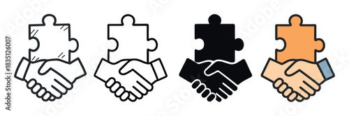 Set of four handshake puzzle icons representing partnership, collaboration, and agreement in various styles including line art, silhouette, and color fill for business concepts