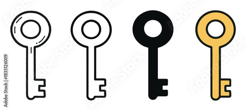 Collection of four minimalist key icons in different graphic styles, including a detailed line drawing, a simple outline, a black silhouette, and a flat color illustration