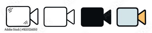 Set of four video camera icons in different styles including doodle, line art, silhouette, and flat color for user interface and graphic design applications