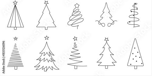 Collection of Line Art Christmas Trees for Holiday Designs	
