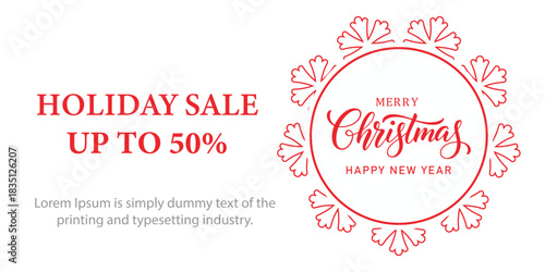 Festive Christmas holiday sale banner with red snowflake frame, elegant Merry Christmas and Happy New Year typography, and bold text promoting up to 50 percent discount on white background.