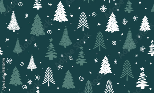 Christmas tree pattern on green background, Hand drawn illustrations.	
