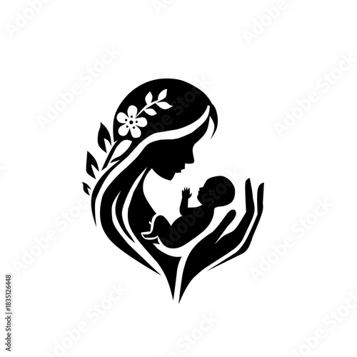 Elegant black silhouette of a mother cradling a newborn baby, framed by leaves and a flower, symbolizing motherhood, life, love, and maternal care.