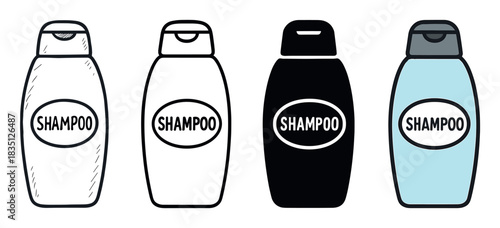 Shampoo bottle icon set with four design variations, including a hand-drawn doodle, a clean outline, a solid black silhouette, and a simple flat color illustration