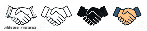 Handshake icon set with four different styles including sketch, line art, silhouette, and color for business agreement and partnership concepts, presented as a collection of vector graphics