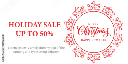Festive Christmas holiday sale banner with red snowflake frame, elegant Merry Christmas and Happy New Year typography, and bold text promoting up to 50 percent discount on white background.