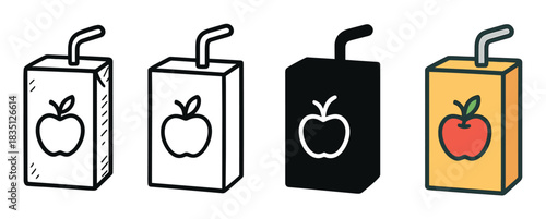 Four apple juice box vector icons presented in a set with different graphic styles, including a simple outline, a solid glyph, a doodle, and a full color cartoon version