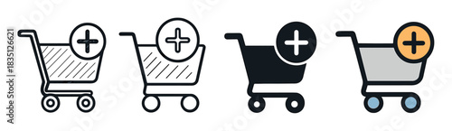Shopping cart icon set with a plus symbol for adding items, presented in four different graphic styles including outline, solid glyph, and full color for web design