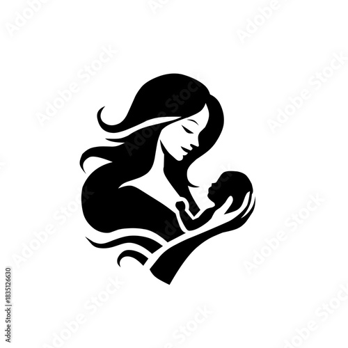 A beautiful silhouette of a mother tenderly holding her baby, capturing warmth, love, and maternal affection in a smooth, elegant, and expressive minimalist style.