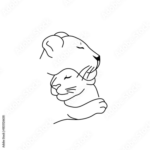 A simple and heartfelt line art of two lions embracing, symbolizing deep affection, unity, and comfort in a clean and elegant minimalist style.