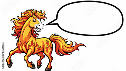 Cartoon horse with fiery mane talking in speech bubble  