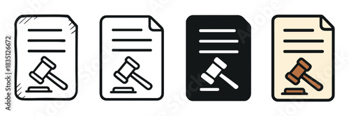 Legal document and judge gavel icon set in four different design styles including doodle sketch, thin line, solid black silhouette, and simple color for legal concepts and justice