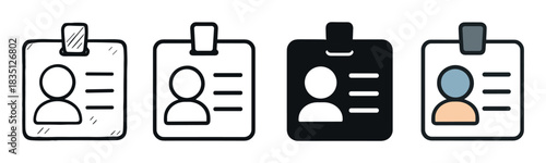Four identification badge icons in various styles including hand-drawn sketch, line art, solid silhouette, and color, representing personal identity and access credentials
