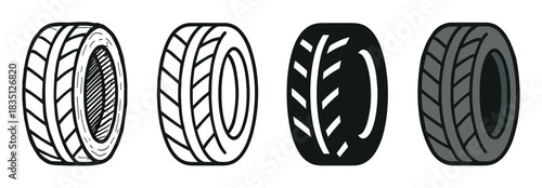 Collection of four car tire icons in different artistic styles, including a detailed sketch, simple line art, a solid glyph, and a flat color vector illustration
