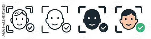 Facial recognition icon set with four different styles showing a successful biometric face scan for identity verification and security access with a green checkmark